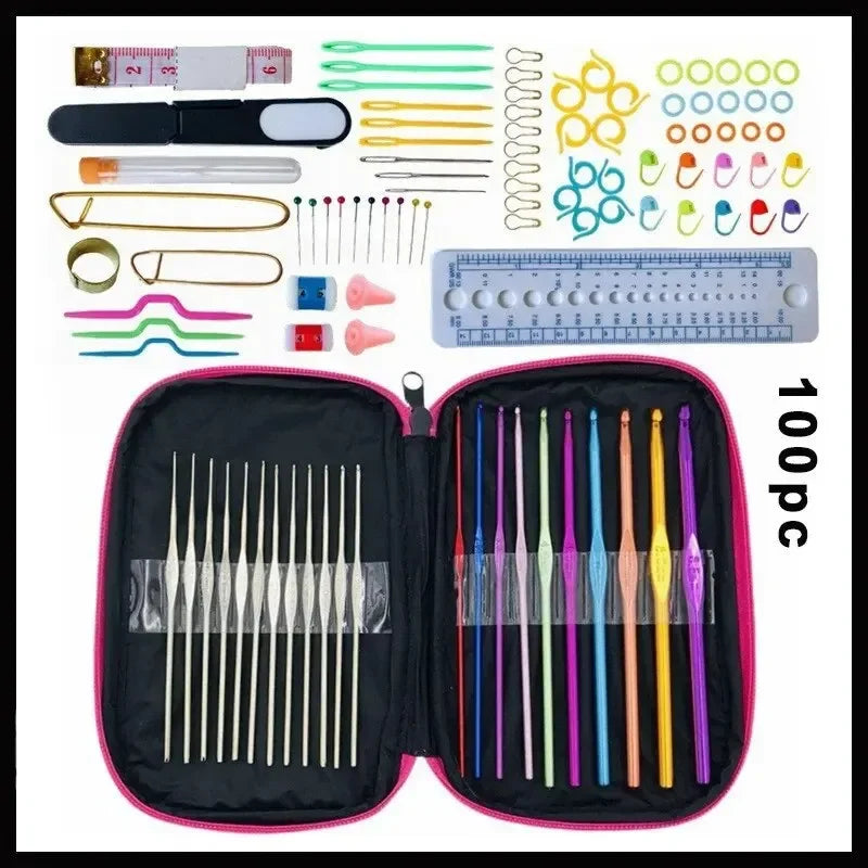 100 Piece Color Aluminum Crochet Hook Set Stainless Steel Knitting Craft Case Crochet Agulha Set Weaving Tools Sewing Tools