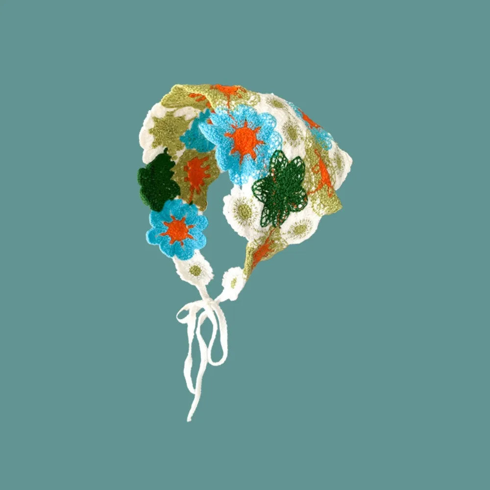 Retro Knitted Triangle Headband Crochet French Pastoral Style Girl Flower Headscarf Handmade Hollow Beach Vacation Headkerchief