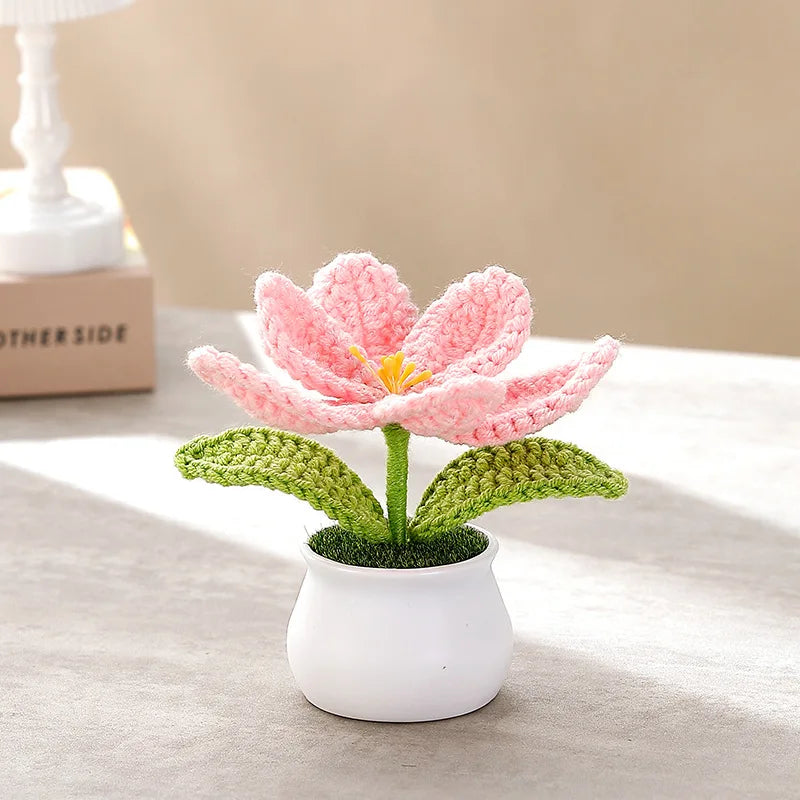 Creative Kintted Flower Potted Mini Artificial Flowers Plant Hand Woven Crochet Tulips Flower Finished Potted Home Decor Gift