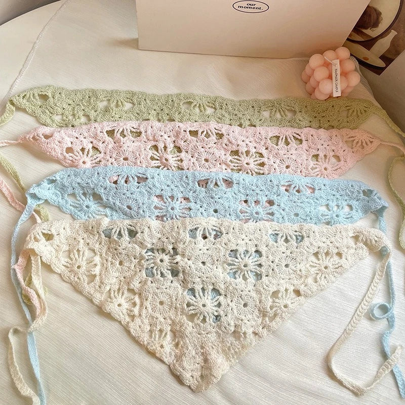 Fashion Knitted Headscarf Hat French Vintage Flower Triangle Headscarf Hat Handmade Crochet Headband Retro Flower Headscarf