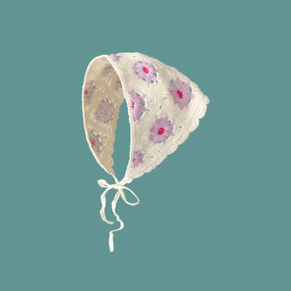 Retro Knitted Triangle Headband Crochet French Pastoral Style Girl Flower Headscarf Handmade Hollow Beach Vacation Headkerchief