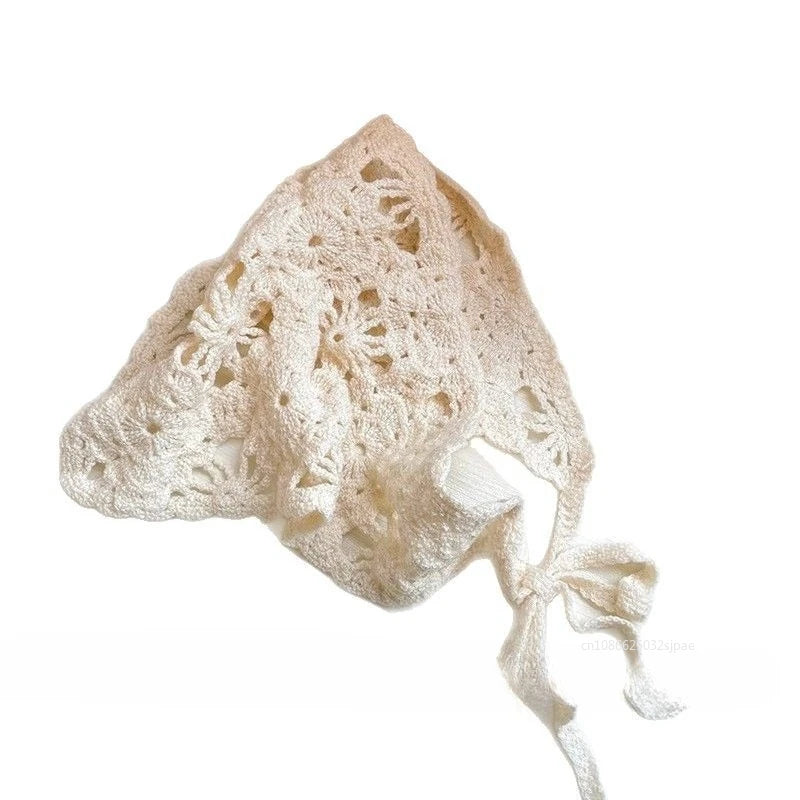 Fashion Knitted Headscarf Hat French Vintage Flower Triangle Headscarf Hat Handmade Crochet Headband Retro Flower Headscarf