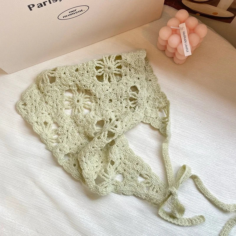Fashion Knitted Headscarf Hat French Vintage Flower Triangle Headscarf Hat Handmade Crochet Headband Retro Flower Headscarf