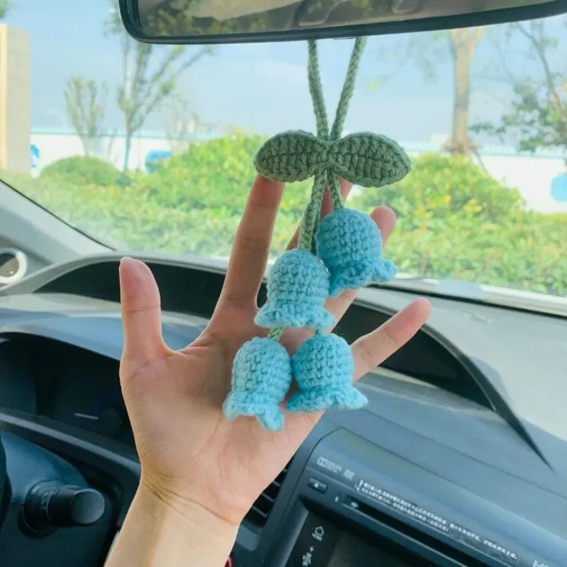 Lily Handmade Crochet Car Pendant Decoration  Bluebell Flower Rearview Mirror of The Car Hanging Keychain Accessories Woman Gift
