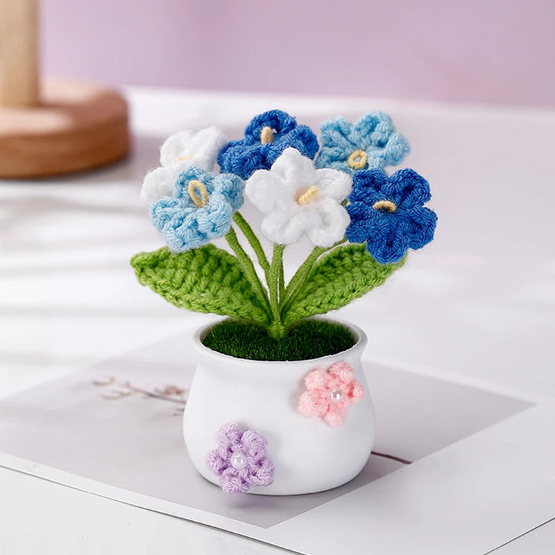 Creative Kintted Flower Potted Mini Artificial Flowers Plant Hand Woven Crochet Tulips Flower Finished Potted Home Decor Gift