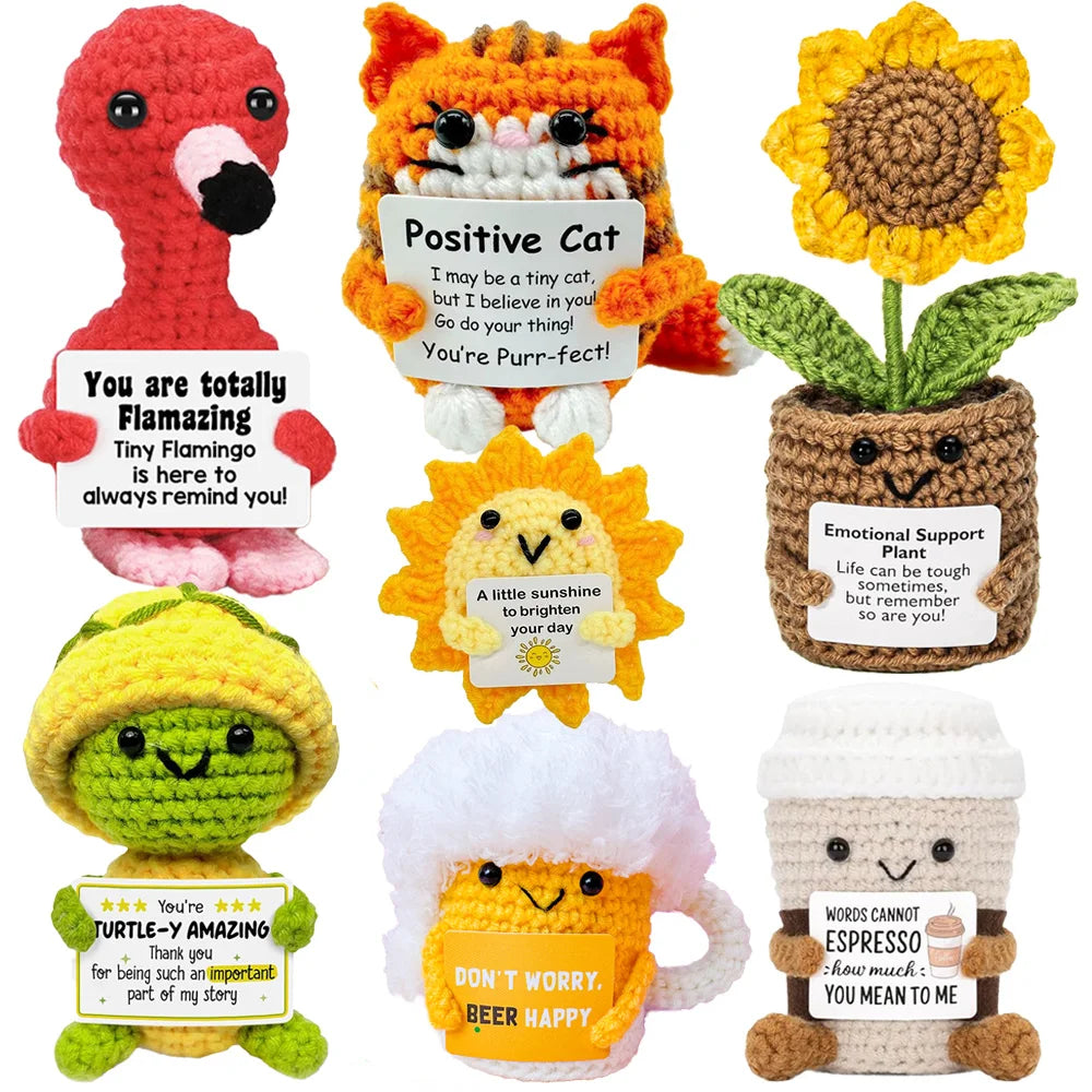 Positive Energy Pocket Hug Crochet Doll, Mini Handmade Knitted Plush Potato Turtle Vegetable Duck Funny Support Gift with Card