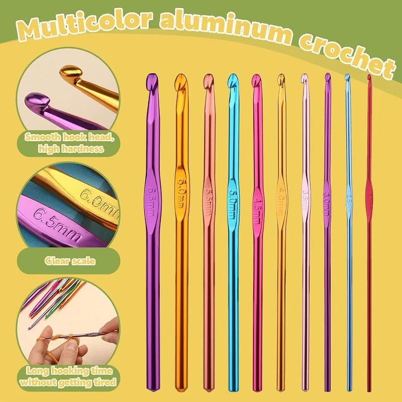100 Piece Color Aluminum Crochet Hook Set Stainless Steel Knitting Craft Case Crochet Agulha Set Weaving Tools Sewing Tools