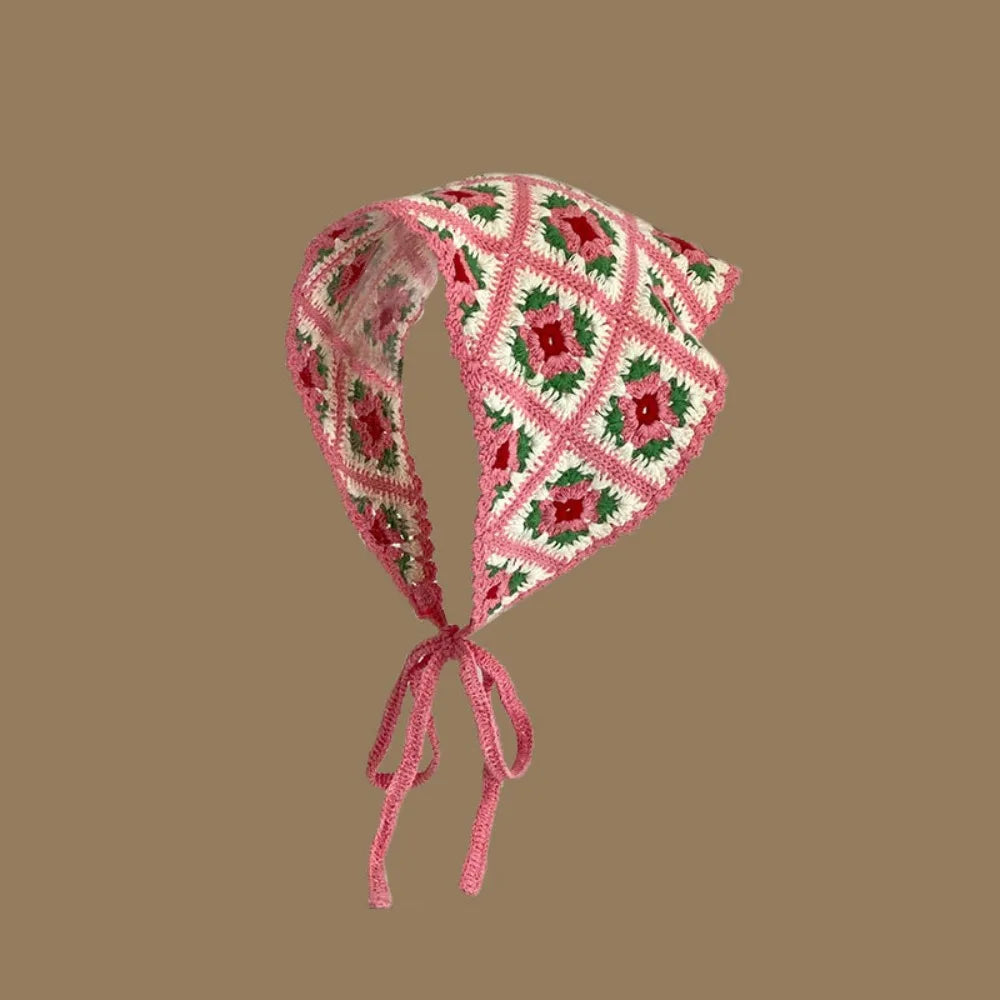Retro Knitted Triangle Headband Crochet French Pastoral Style Girl Flower Headscarf Handmade Hollow Beach Vacation Headkerchief
