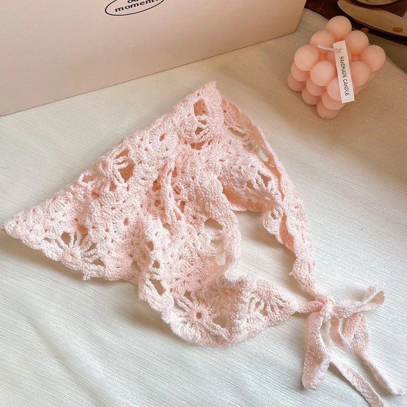 Fashion Knitted Headscarf Hat French Vintage Flower Triangle Headscarf Hat Handmade Crochet Headband Retro Flower Headscarf