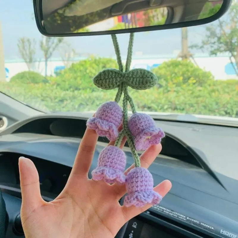Lily Handmade Crochet Car Pendant Decoration  Bluebell Flower Rearview Mirror of The Car Hanging Keychain Accessories Woman Gift