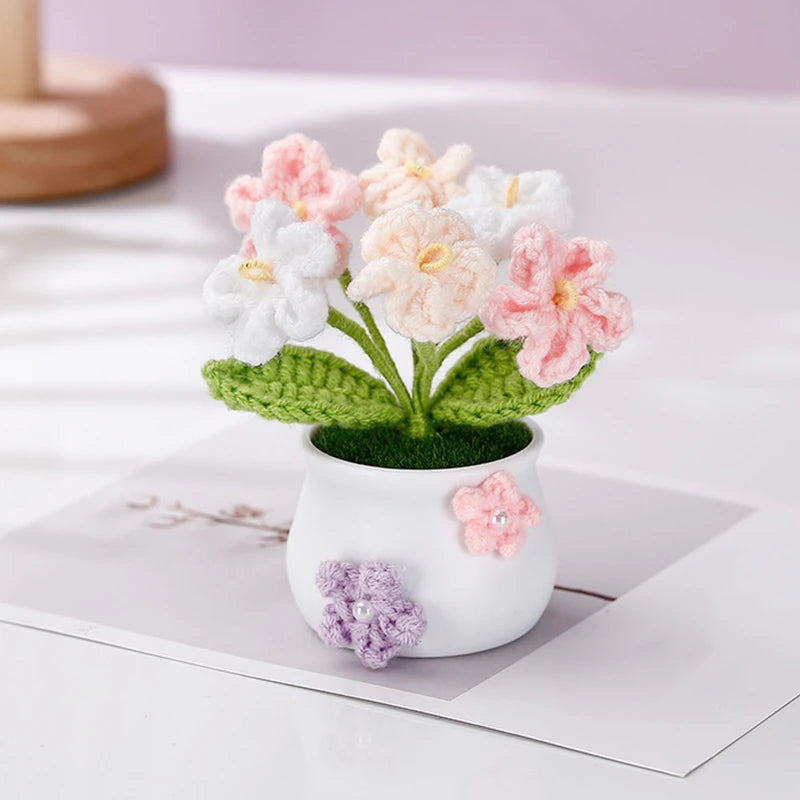 Creative Kintted Flower Potted Mini Artificial Flowers Plant Hand Woven Crochet Tulips Flower Finished Potted Home Decor Gift