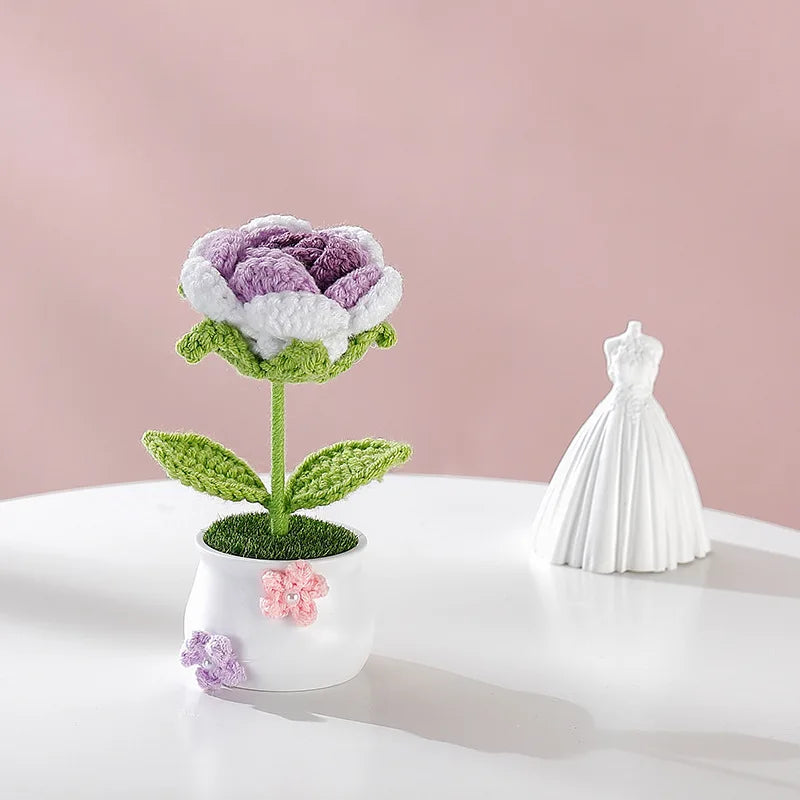 Creative Kintted Flower Potted Mini Artificial Flowers Plant Hand Woven Crochet Tulips Flower Finished Potted Home Decor Gift