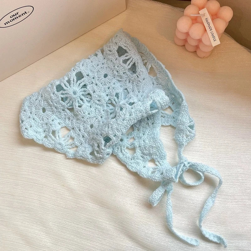 Fashion Knitted Headscarf Hat French Vintage Flower Triangle Headscarf Hat Handmade Crochet Headband Retro Flower Headscarf