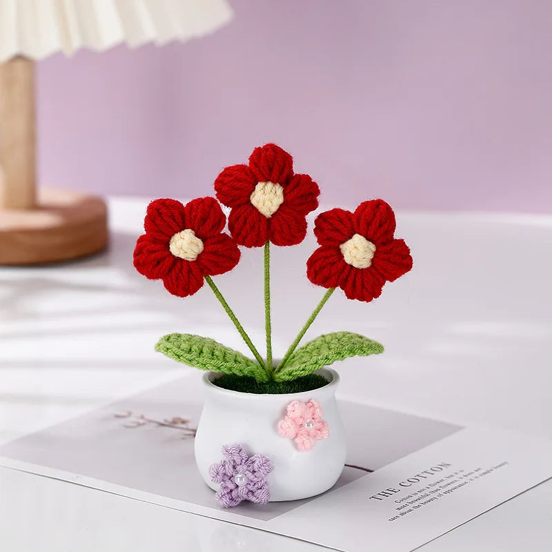Creative Kintted Flower Potted Mini Artificial Flowers Plant Hand Woven Crochet Tulips Flower Finished Potted Home Decor Gift