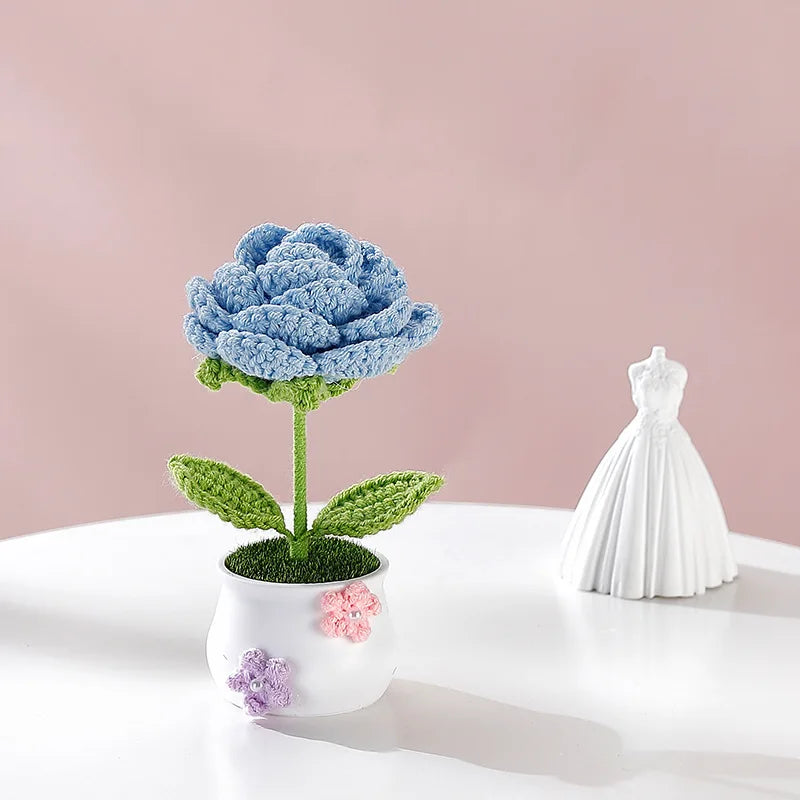 Creative Kintted Flower Potted Mini Artificial Flowers Plant Hand Woven Crochet Tulips Flower Finished Potted Home Decor Gift