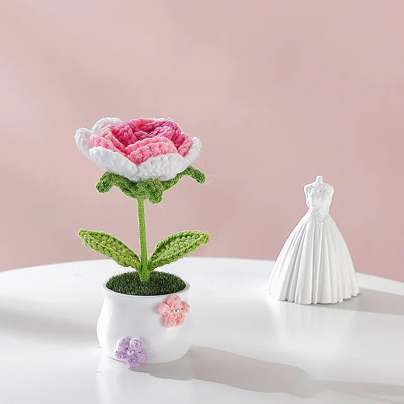 Creative Kintted Flower Potted Mini Artificial Flowers Plant Hand Woven Crochet Tulips Flower Finished Potted Home Decor Gift