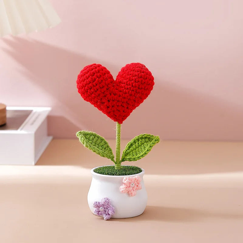 Creative Kintted Flower Potted Mini Artificial Flowers Plant Hand Woven Crochet Tulips Flower Finished Potted Home Decor Gift