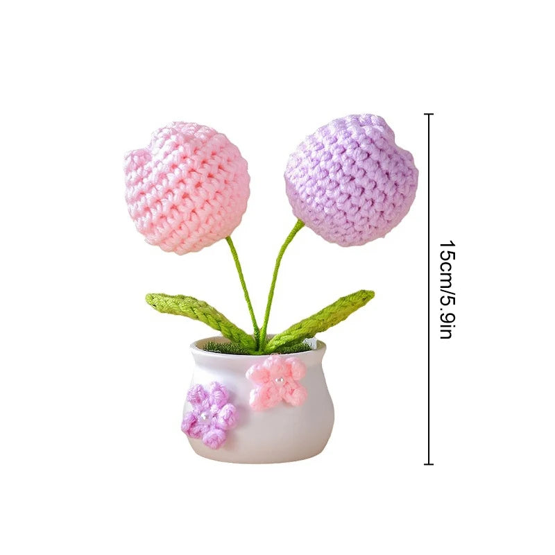Creative Kintted Flower Potted Mini Artificial Flowers Plant Hand Woven Crochet Tulips Flower Finished Potted Home Decor Gift