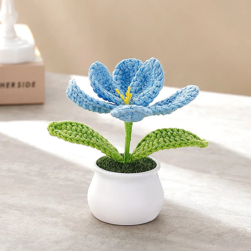 Creative Kintted Flower Potted Mini Artificial Flowers Plant Hand Woven Crochet Tulips Flower Finished Potted Home Decor Gift